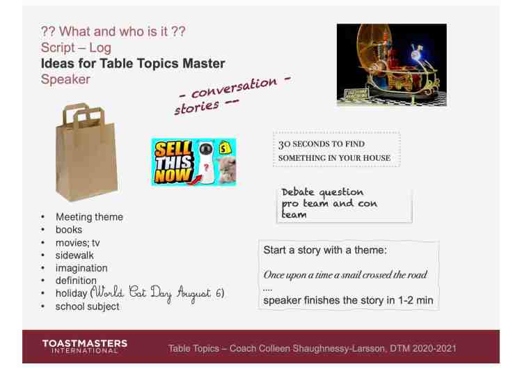 Image slide with ideas for the Table Topics Master